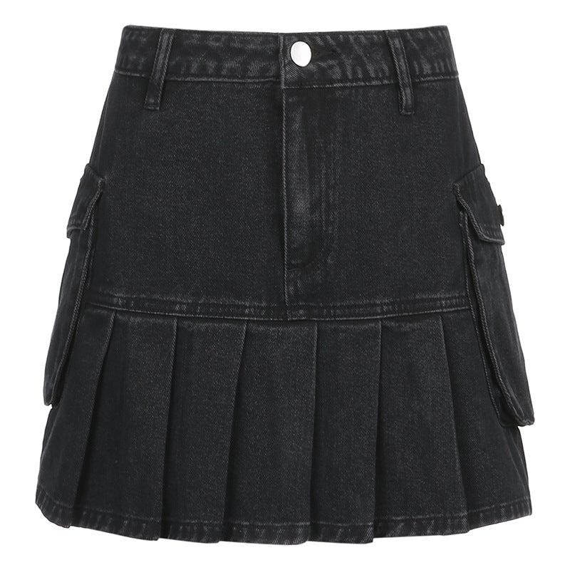 Denim Pleated  High Waist Skirt