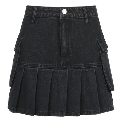 Denim Pleated  High Waist Skirt